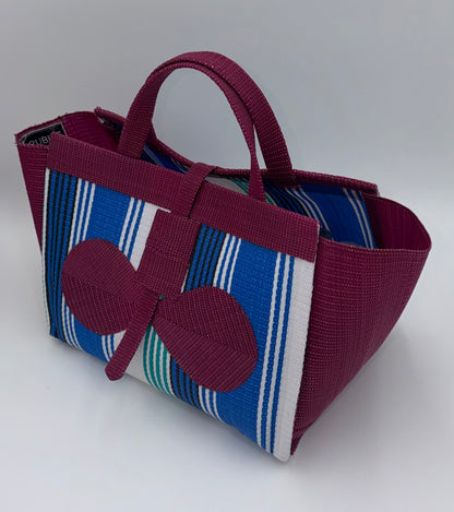 Berry Large handwoven tote bag by SCRUBIES in Blue,White,Wine,Teal with Stripes design and Bow accent pattern