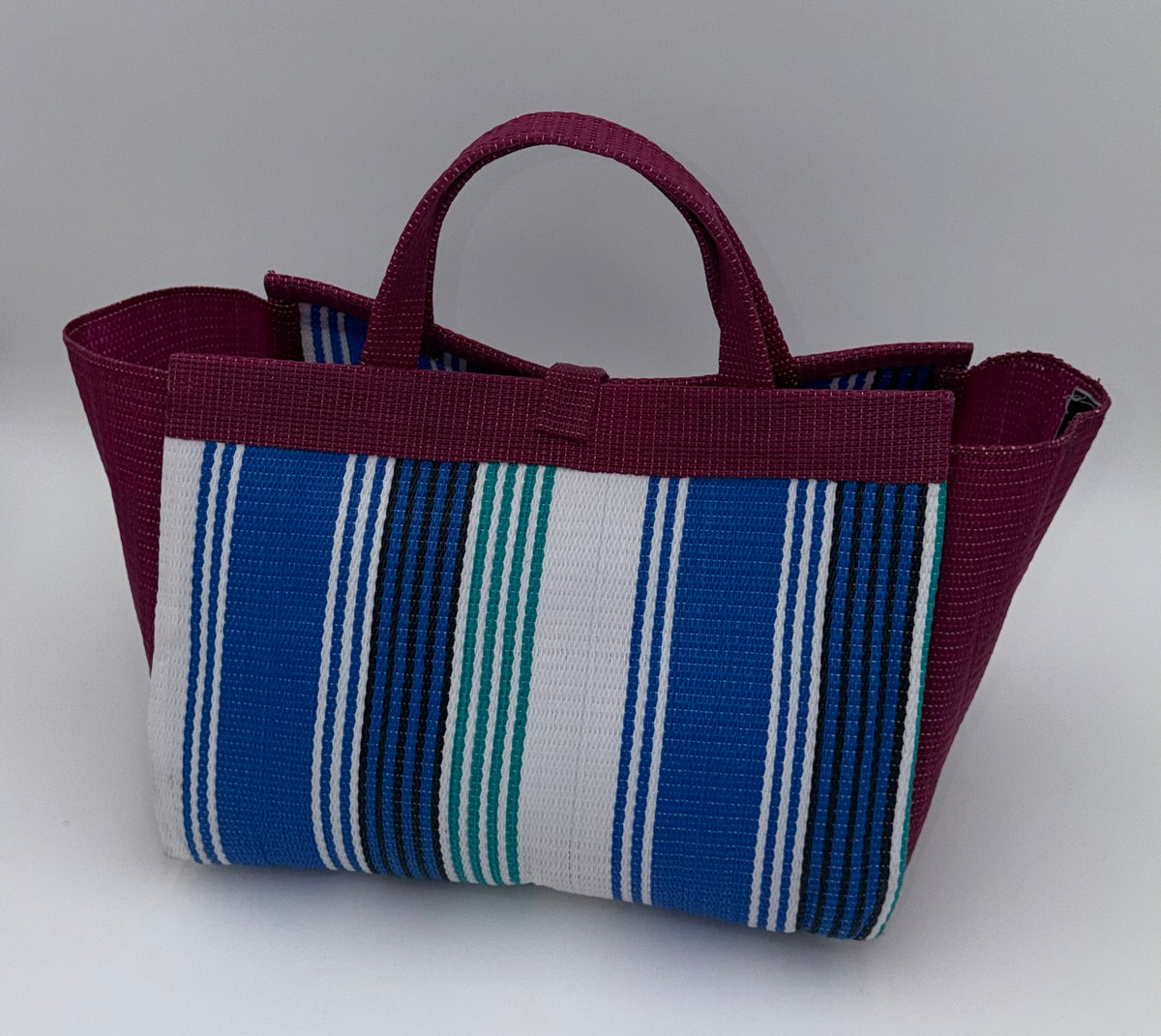Berry Large handwoven tote bag by SCRUBIES in Blue,White,Wine,Teal with Stripes design and Bow accent pattern