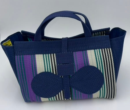 Lavender Large handwoven tote bag by SCRUBIES in Blue,White,Purple,Teal with Stripes design and Bow accent pattern