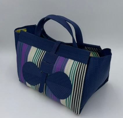Lavender Large handwoven tote bag by SCRUBIES in Blue,White,Purple,Teal with Stripes design and Bow accent pattern