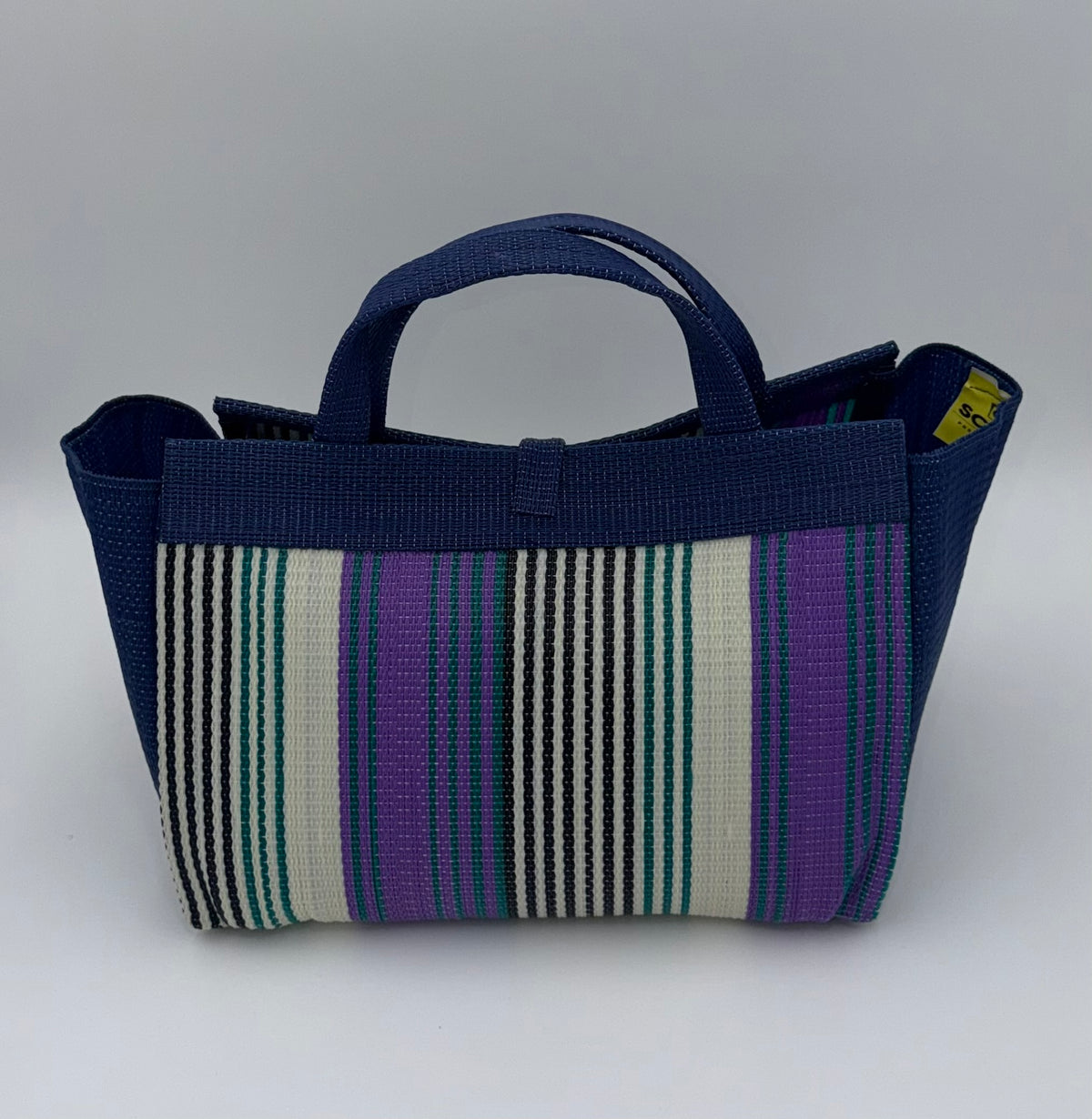 Lavender Large handwoven tote bag by SCRUBIES in Blue,White,Purple,Teal with Stripes design and Bow accent pattern