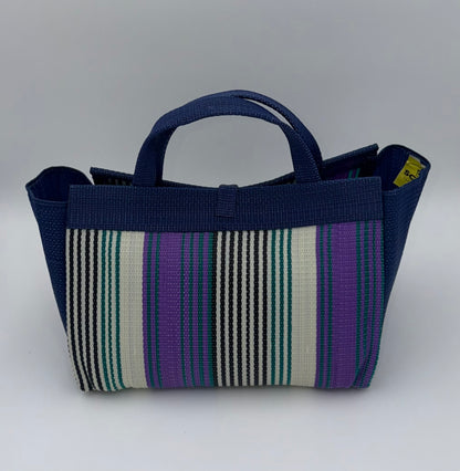 Lavender Large handwoven tote bag by SCRUBIES in Blue,White,Purple,Teal with Stripes design and Bow accent pattern
