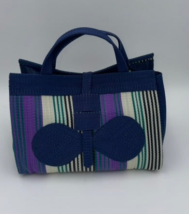 Lavender Large handwoven tote bag by SCRUBIES in Blue,White,Purple,Teal with Stripes design and Bow accent pattern