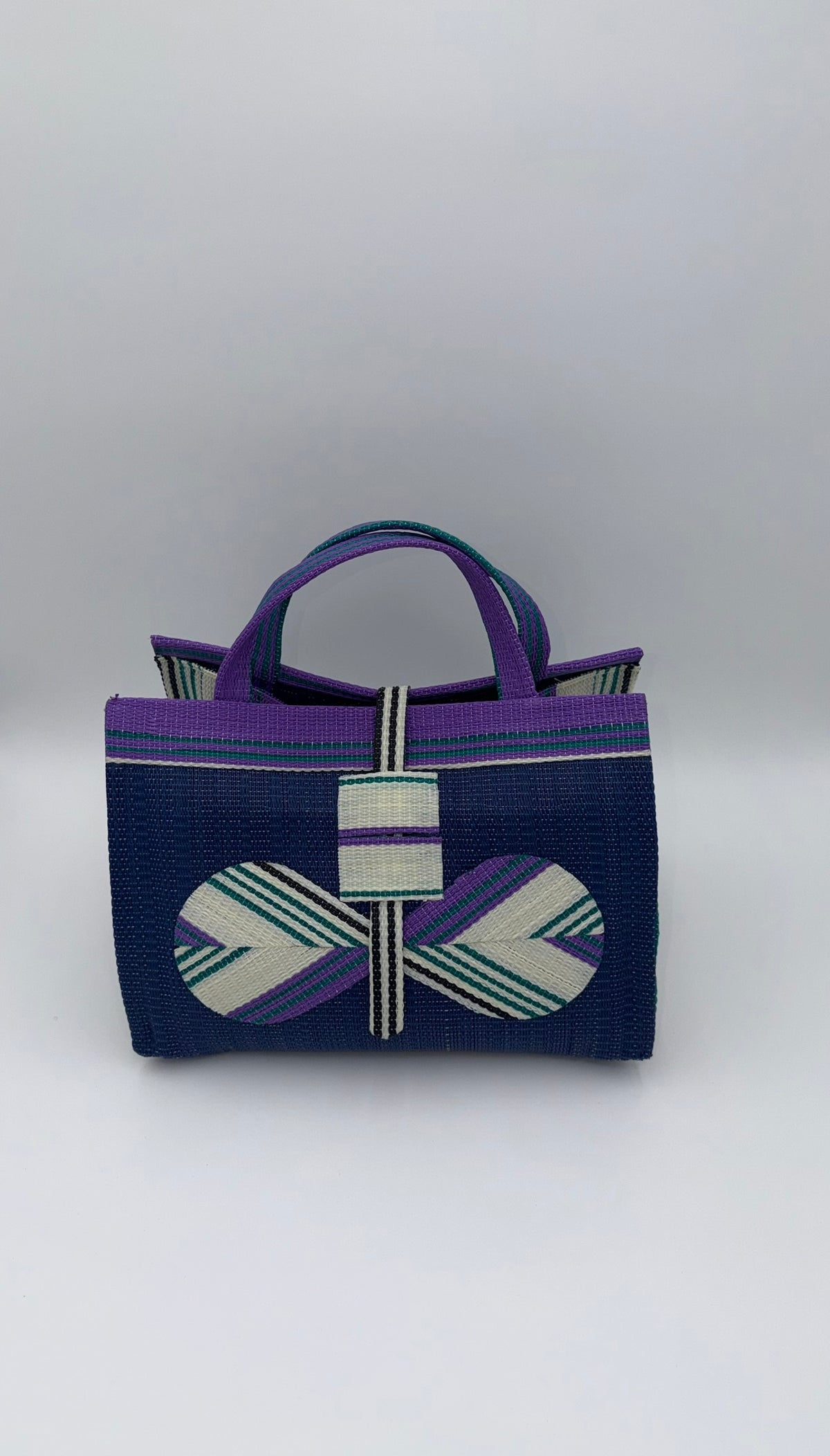 Berry Large handwoven tote bag by SCRUBIES in Blue,White,Purple,Teal with Solid design and Bow accent pattern