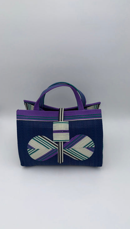 Berry Large handwoven tote bag by SCRUBIES in Blue,White,Purple,Teal with Solid design and Bow accent pattern