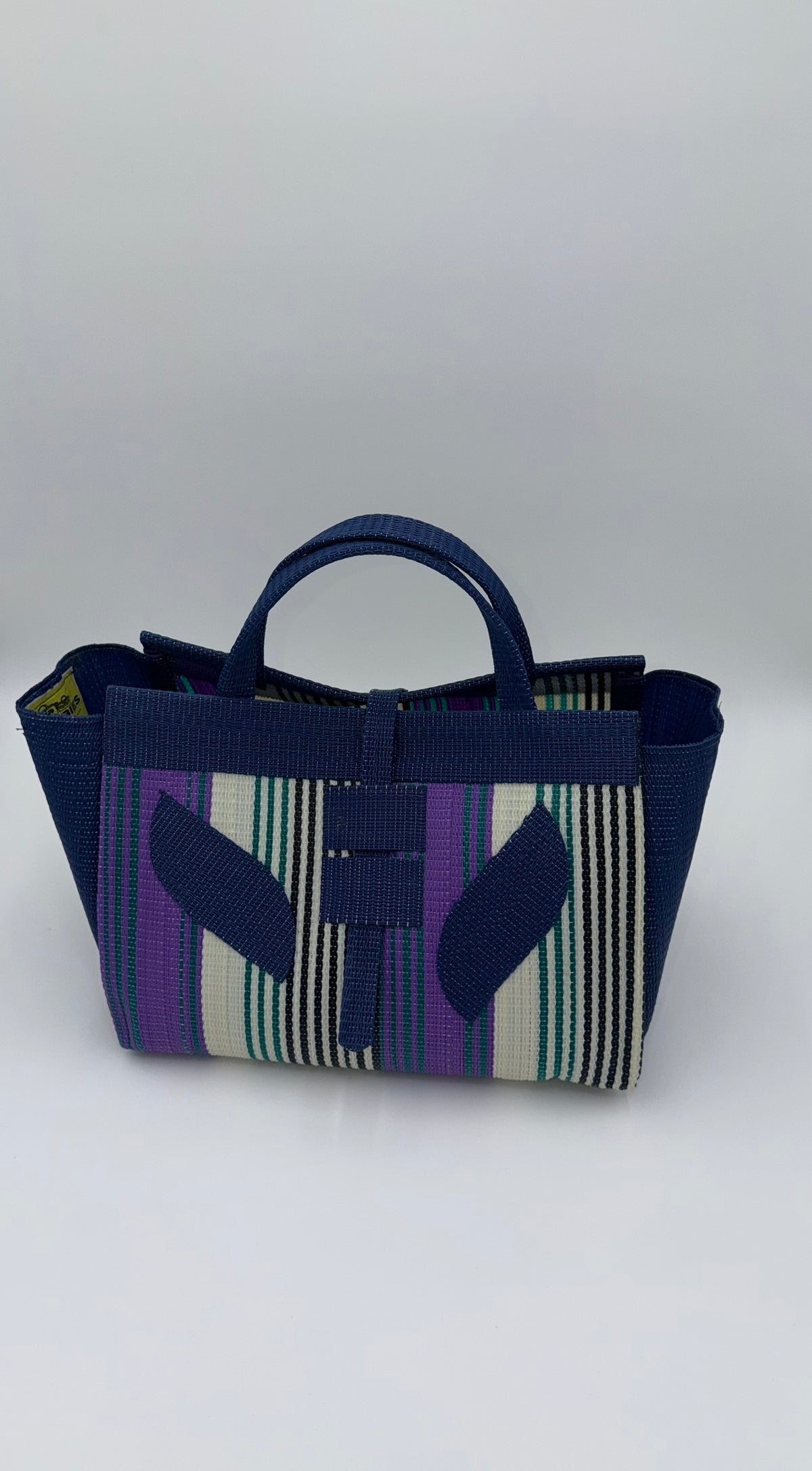Lavender Large handwoven tote bag by SCRUBIES in Blue,White,Purple,Teal with Stripes design and Leaf accent pattern
