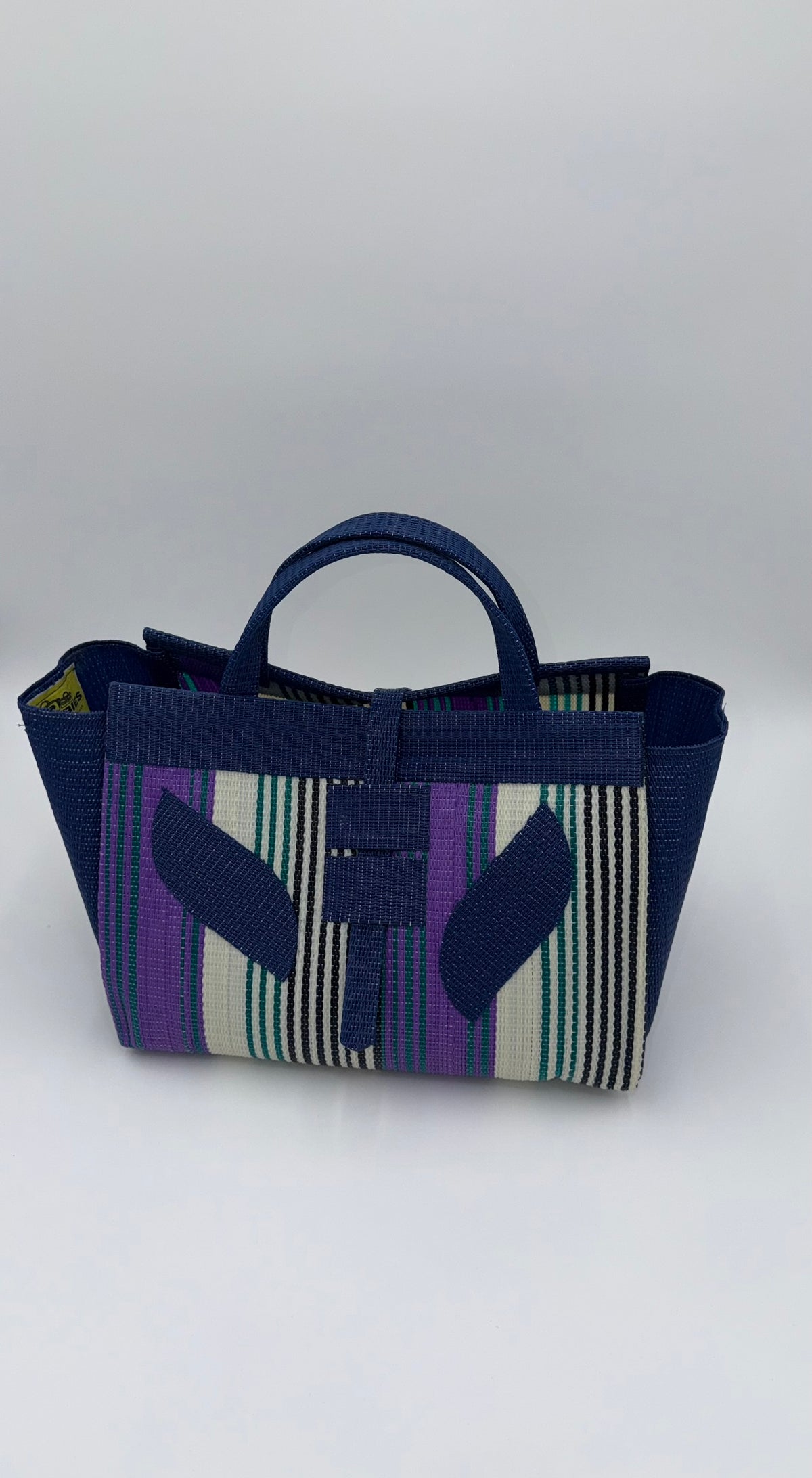 Lavender Large handwoven tote bag by SCRUBIES in Blue,White,Purple,Teal with Stripes design and Leaf accent pattern