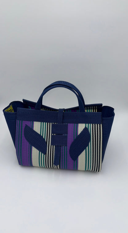 Lavender Large handwoven tote bag by SCRUBIES in Blue,White,Purple,Teal with Stripes design and Leaf accent pattern
