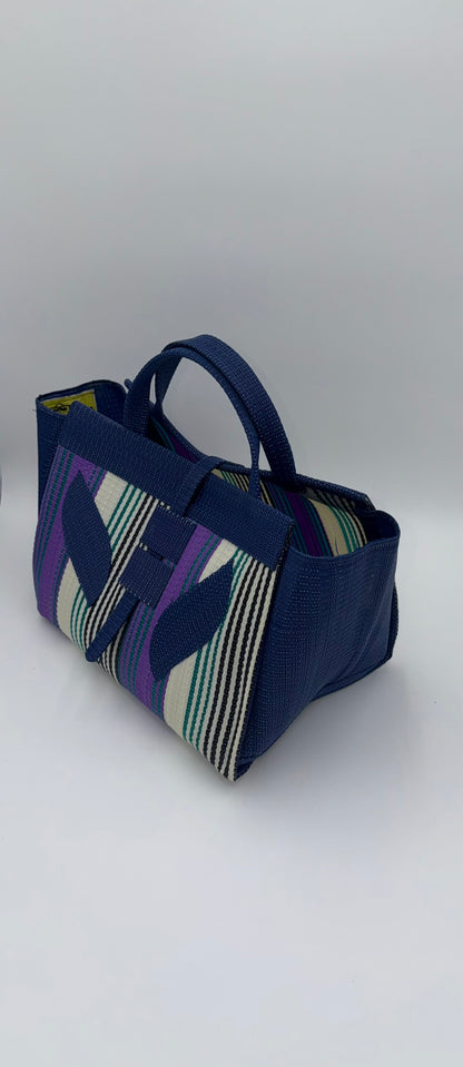 Lavender Large handwoven tote bag by SCRUBIES in Blue,White,Purple,Teal with Stripes design and Leaf accent pattern