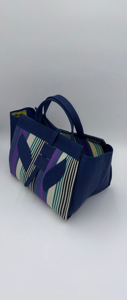 Lavender Large handwoven tote bag by SCRUBIES in Blue,White,Purple,Teal with Stripes design and Leaf accent pattern