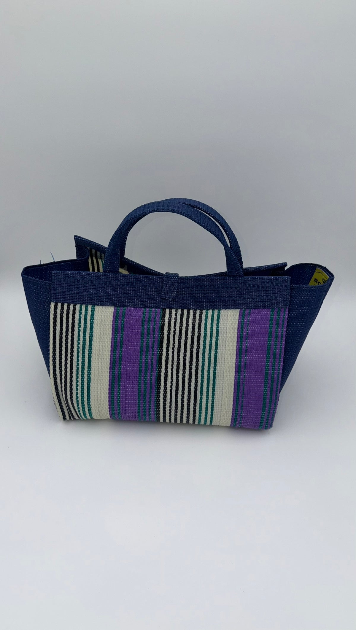 Lavender Large handwoven tote bag by SCRUBIES in Blue,White,Purple,Teal with Stripes design and Leaf accent pattern