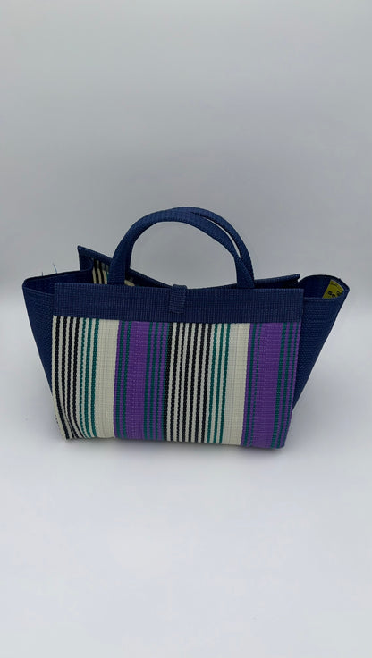 Lavender Large handwoven tote bag by SCRUBIES in Blue,White,Purple,Teal with Stripes design and Leaf accent pattern