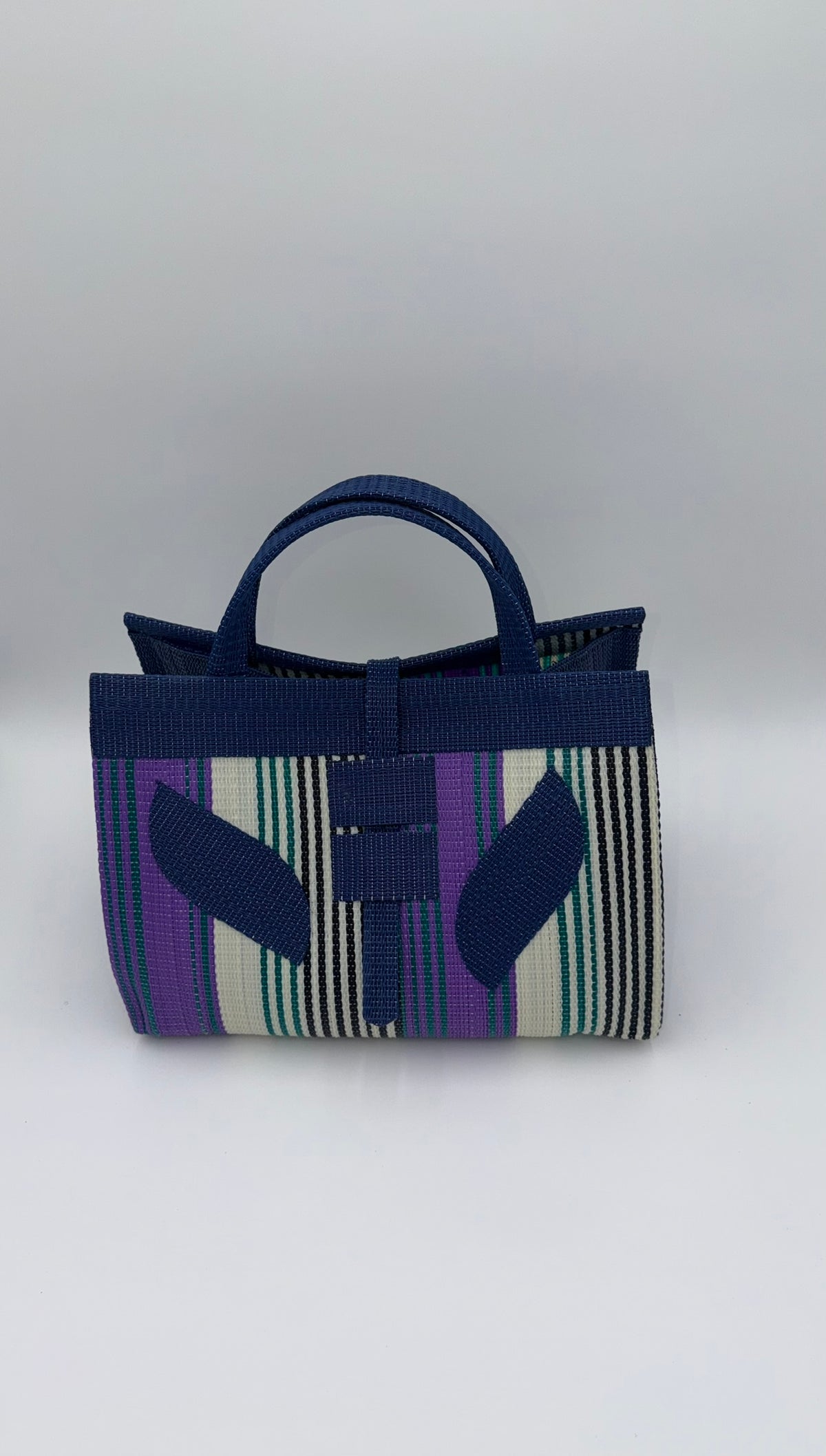 Lavender Large handwoven tote bag by SCRUBIES in Blue,White,Purple,Teal with Stripes design and Leaf accent pattern