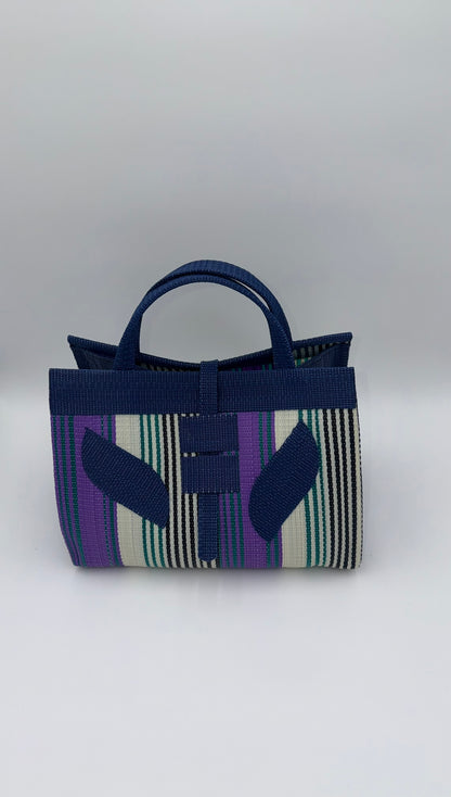 Lavender Large handwoven tote bag by SCRUBIES in Blue,White,Purple,Teal with Stripes design and Leaf accent pattern