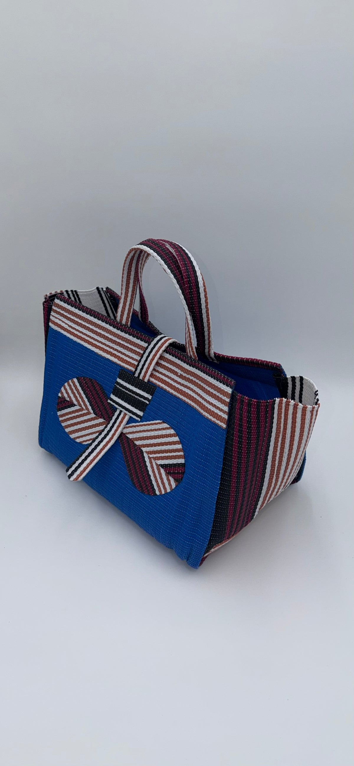 Lagoon Large handwoven tote bag by SCRUBIES in Blue,White,Wine with Solid design and Bow accent pattern