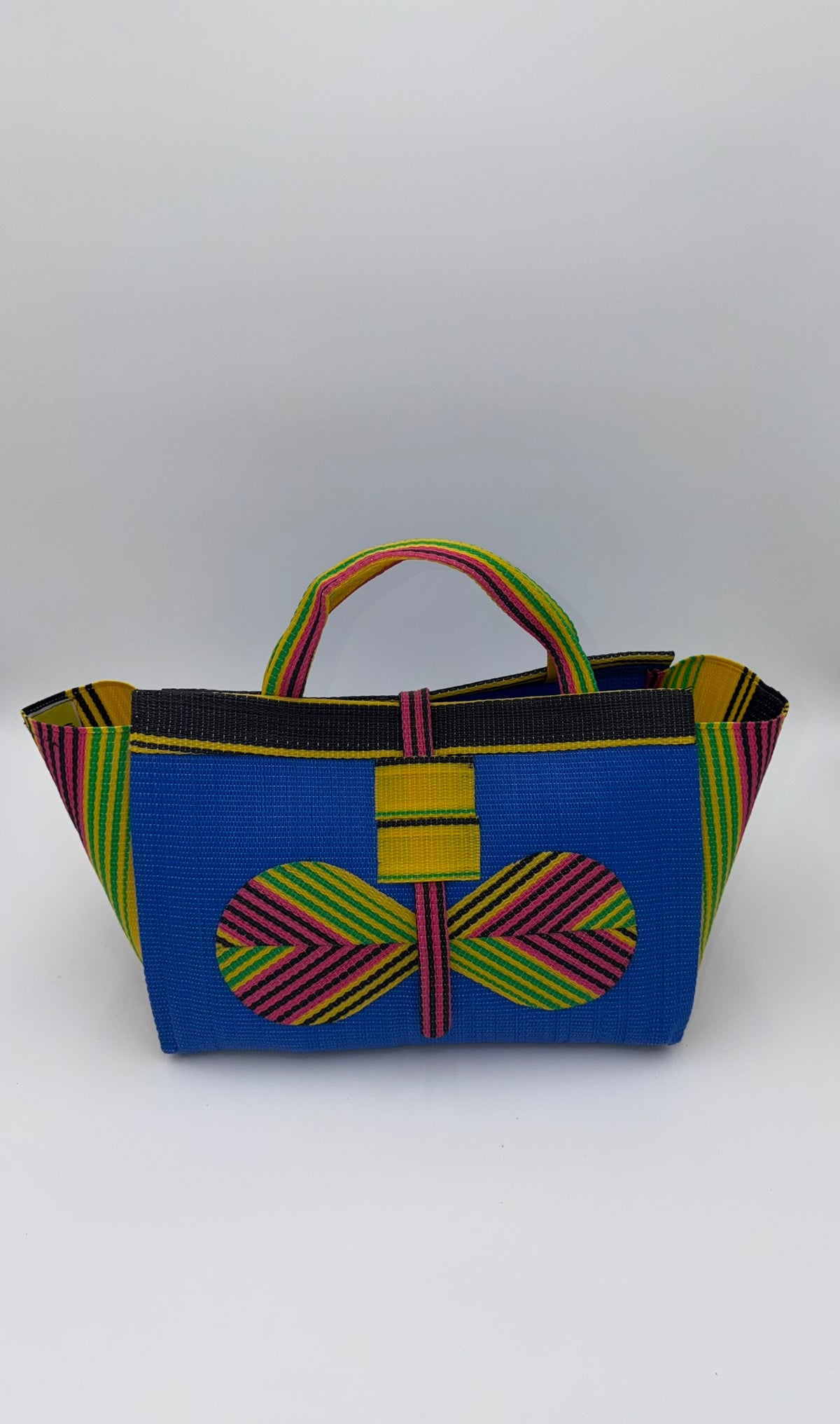 Lagoon Large handwoven tote bag by SCRUBIES in Blue,Yellow,Green,Pink with Solid design and Bow accent pattern