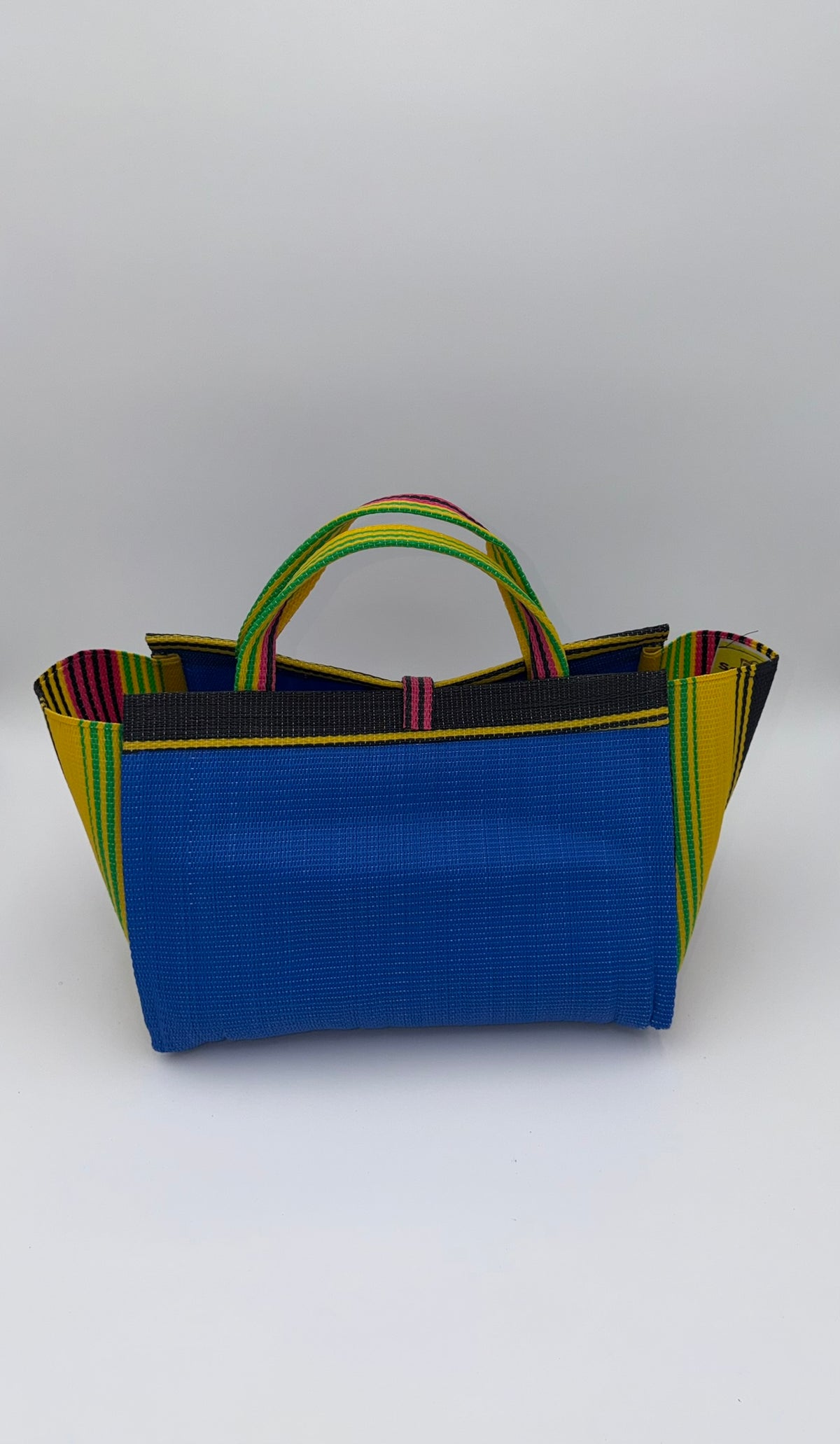 Lagoon Large handwoven tote bag by SCRUBIES in Blue,Yellow,Green,Pink with Solid design and Bow accent pattern