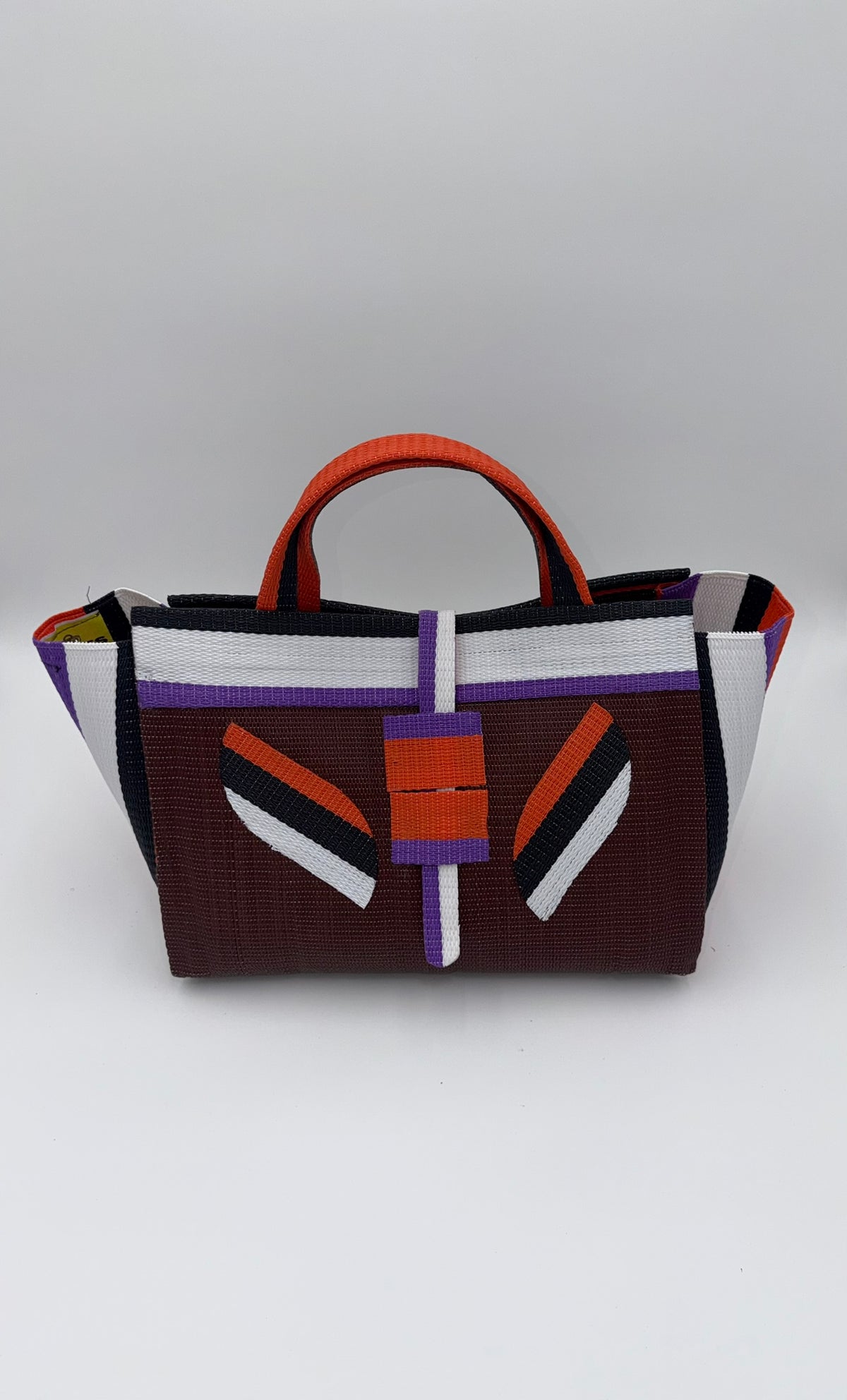 Brownie Large handwoven tote bag by SCRUBIES in Brown,White,Orange, with Solid design and Leaf accent pattern