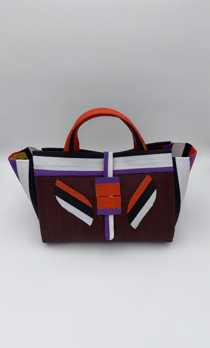 Brownie Large handwoven tote bag by SCRUBIES in Brown,White,Orange, with Solid design and Leaf accent pattern