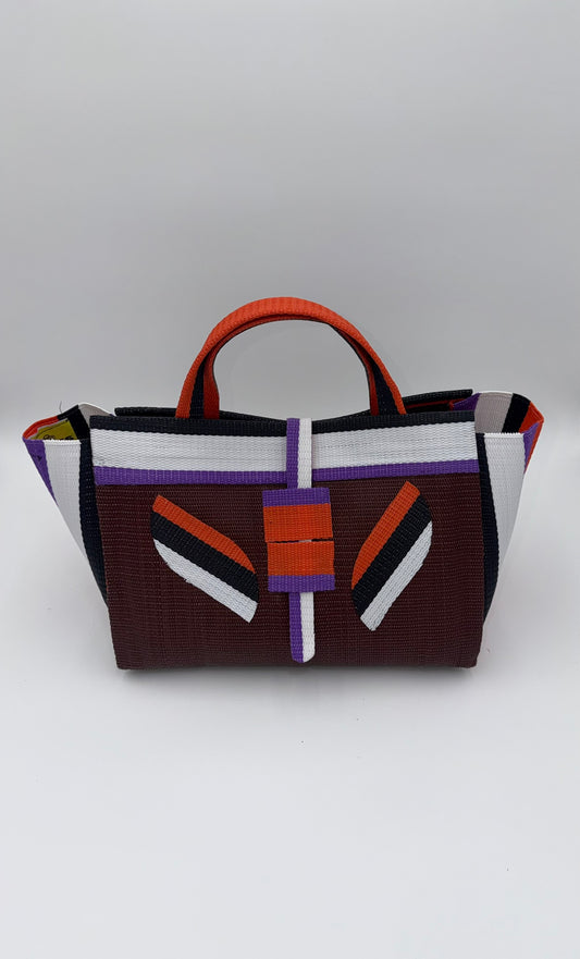 Brownie Large handwoven tote bag by SCRUBIES in Brown,White,Orange, with Solid design and Leaf accent pattern