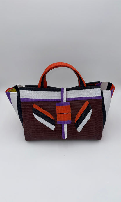 Brownie Large handwoven tote bag by SCRUBIES in Brown,White,Orange, with Solid design and Leaf accent pattern