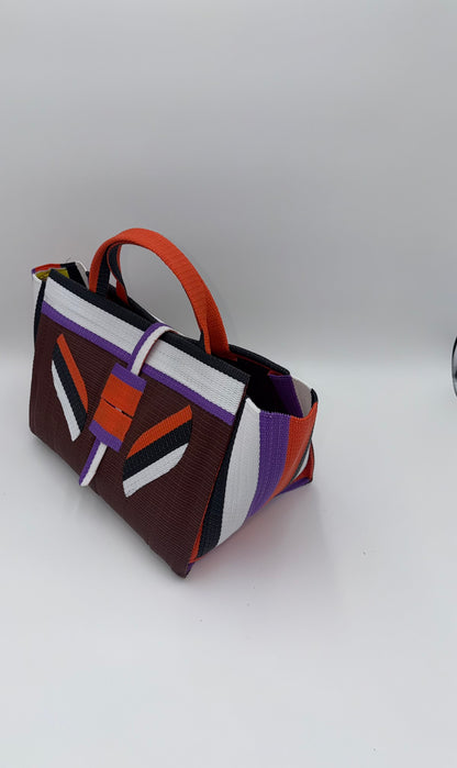 Brownie Large handwoven tote bag by SCRUBIES in Brown,White,Orange, with Solid design and Leaf accent pattern