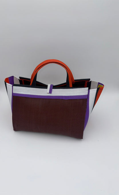 Brownie Large handwoven tote bag by SCRUBIES in Brown,White,Orange, with Solid design and Leaf accent pattern
