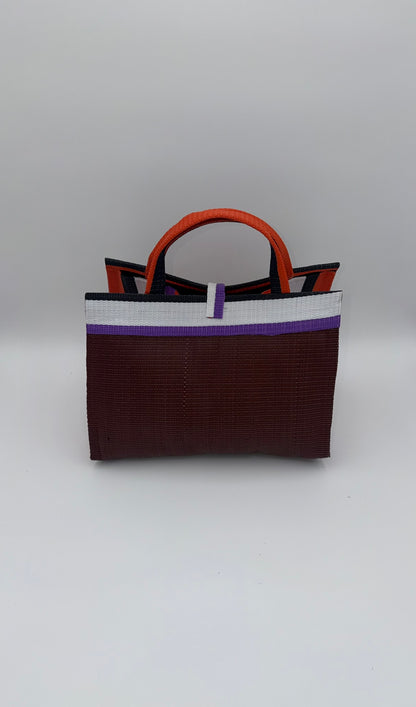 Brownie Large handwoven tote bag by SCRUBIES in Brown,White,Orange, with Solid design and Leaf accent pattern