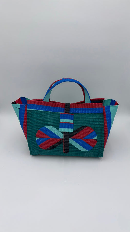 Emerald Large handwoven tote bag by SCRUBIES in Green,Red,Blue,Teal with Solid design and Bow accent pattern