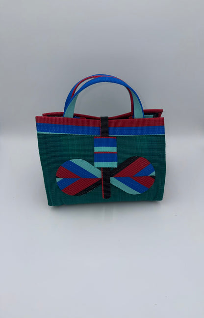 Emerald Large handwoven tote bag by SCRUBIES in Green,Red,Blue,Teal with Solid design and Bow accent pattern