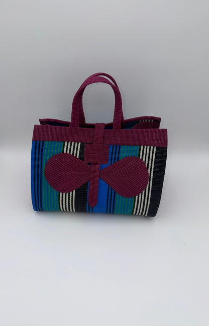 Emerald Large handwoven tote bag by SCRUBIES in Green,Red,Blue,Teal with Solid design and Bow accent pattern