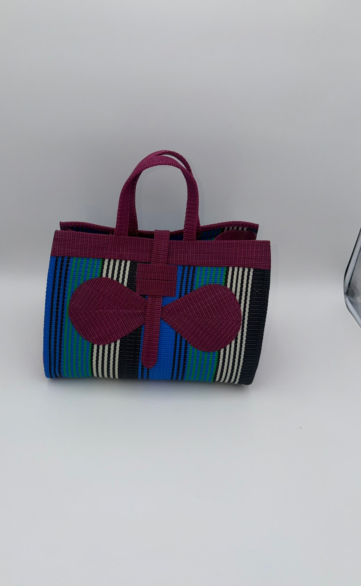 Emerald Large handwoven tote bag by SCRUBIES in Green,Red,Blue,Teal with Solid design and Bow accent pattern