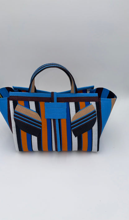 Sunshine Large handwoven tote bag by SCRUBIES in Blue,White,Orange,Black with Stripes design and Leaf accent pattern