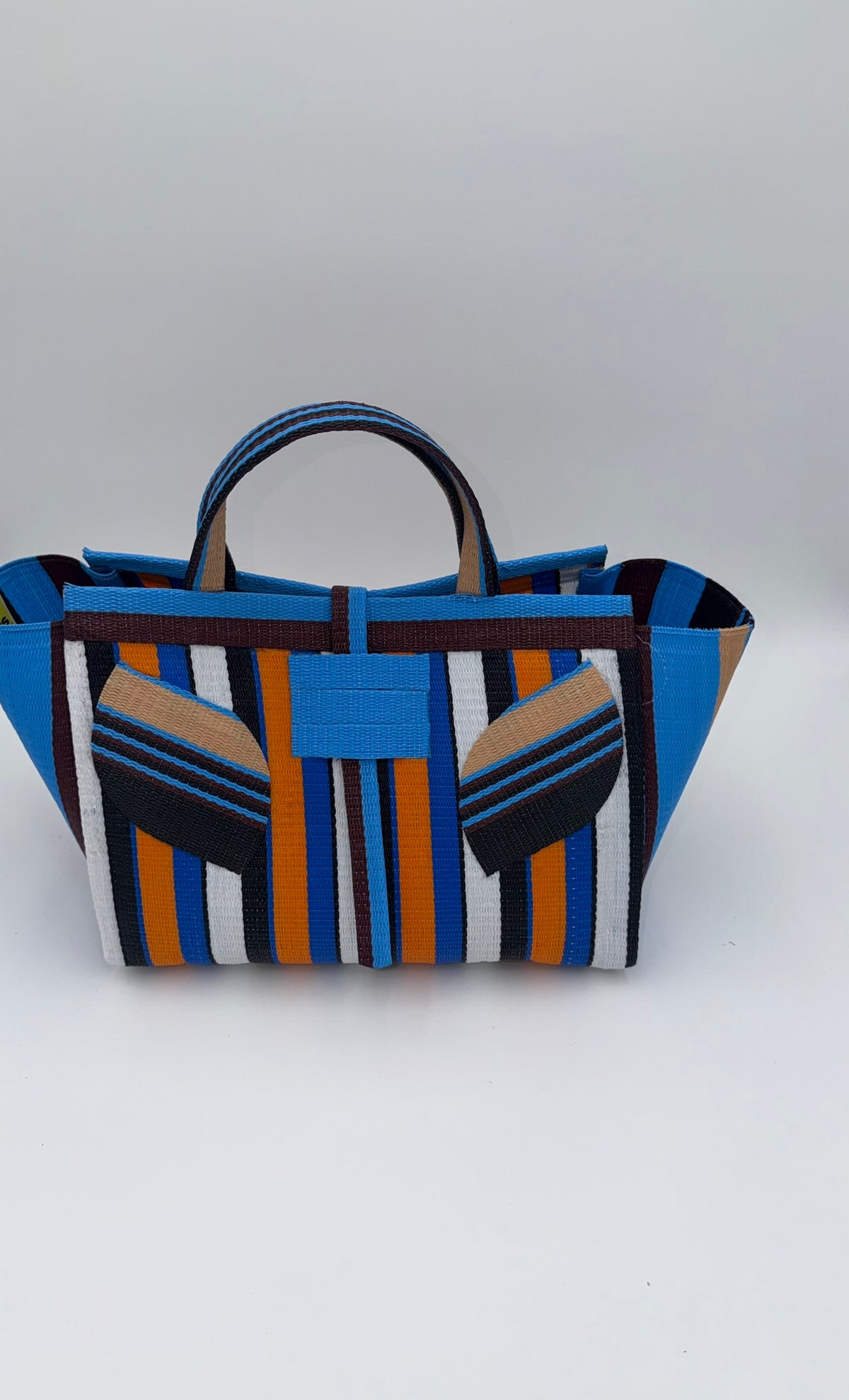 Sunshine Large handwoven tote bag by SCRUBIES in Blue,White,Orange,Black with Stripes design and Leaf accent pattern