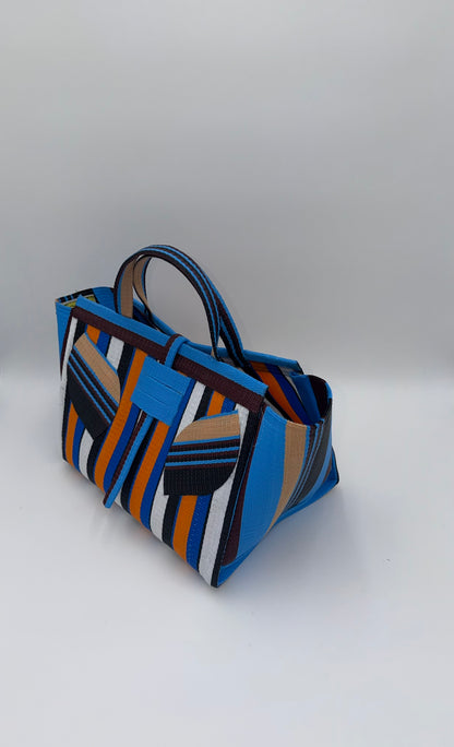 Sunshine Large handwoven tote bag by SCRUBIES in Blue,White,Orange,Black with Stripes design and Leaf accent pattern