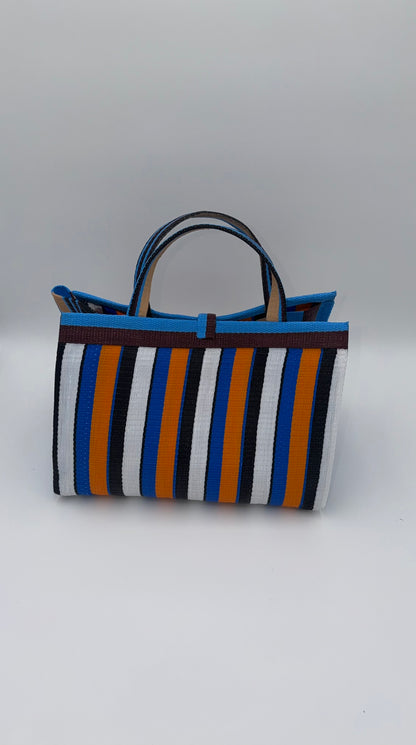 Sunshine Large handwoven tote bag by SCRUBIES in Blue,White,Orange,Black with Stripes design and Leaf accent pattern
