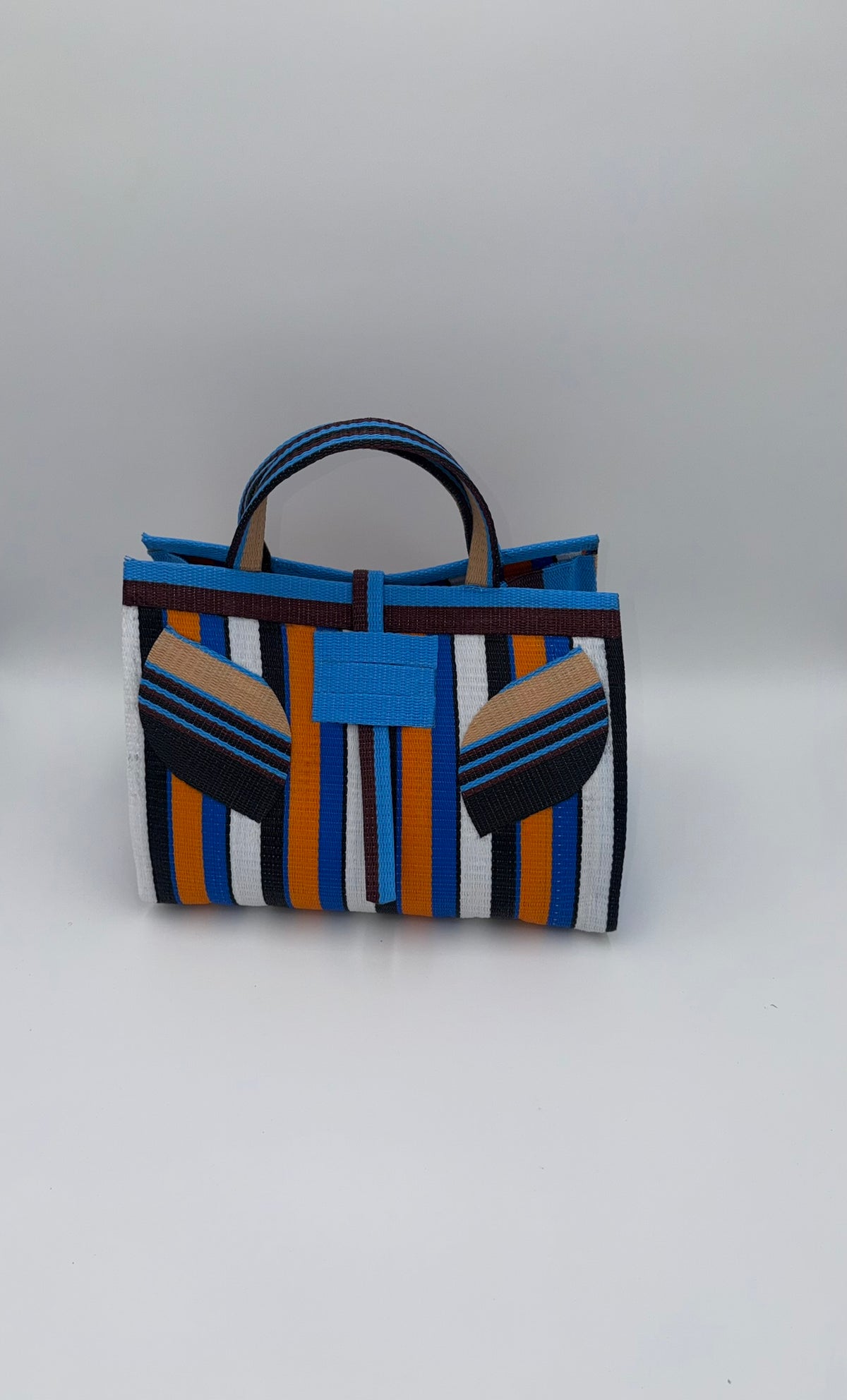 Sunshine Large handwoven tote bag by SCRUBIES in Blue,White,Orange,Black with Stripes design and Leaf accent pattern