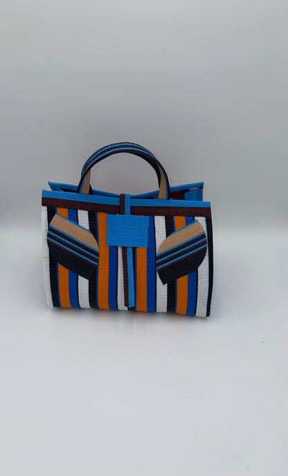 Sunshine Large handwoven tote bag by SCRUBIES in Blue,White,Orange,Black with Stripes design and Leaf accent pattern