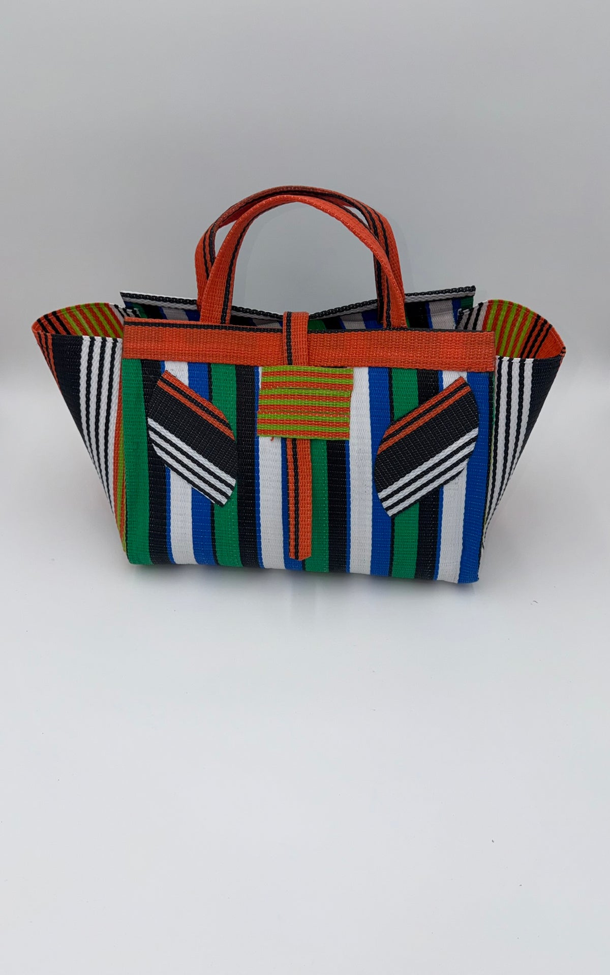 Emerald Large handwoven tote bag by SCRUBIES in Orange,Green,White,Blue,Black with Stripes design and Leaf accent pattern