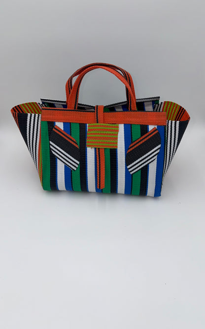Emerald Large handwoven tote bag by SCRUBIES in Orange,Green,White,Blue,Black with Stripes design and Leaf accent pattern