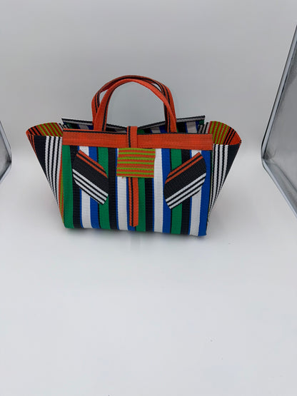 Emerald Large handwoven tote bag by SCRUBIES in Orange,Green,White,Blue,Black with Stripes design and Leaf accent pattern