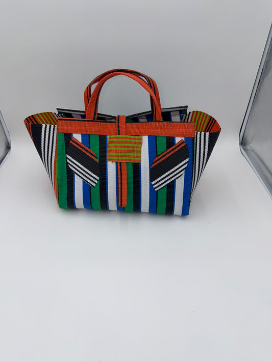 Emerald Large handwoven tote bag by SCRUBIES in Orange,Green,White,Blue,Black with Stripes design and Leaf accent pattern