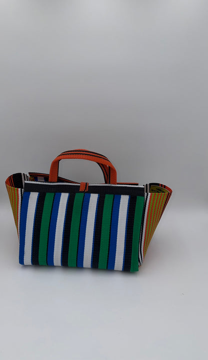 Emerald Large handwoven tote bag by SCRUBIES in Orange,Green,White,Blue,Black with Stripes design and Leaf accent pattern