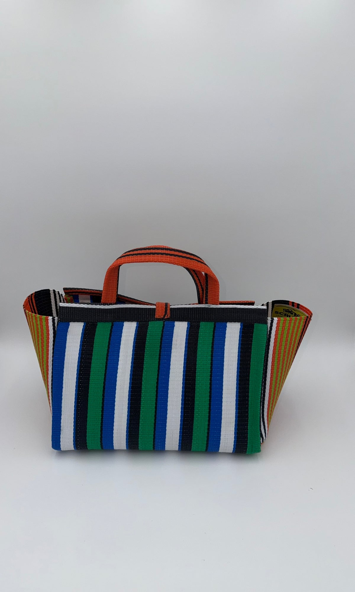Emerald Large handwoven tote bag by SCRUBIES in Orange,Green,White,Blue,Black with Stripes design and Leaf accent pattern