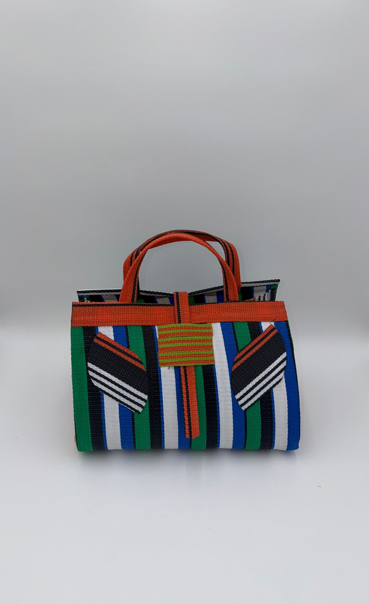 Emerald Large handwoven tote bag by SCRUBIES in Orange,Green,White,Blue,Black with Stripes design and Leaf accent pattern