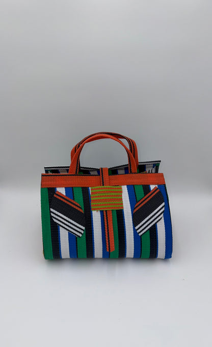 Emerald Large handwoven tote bag by SCRUBIES in Orange,Green,White,Blue,Black with Stripes design and Leaf accent pattern