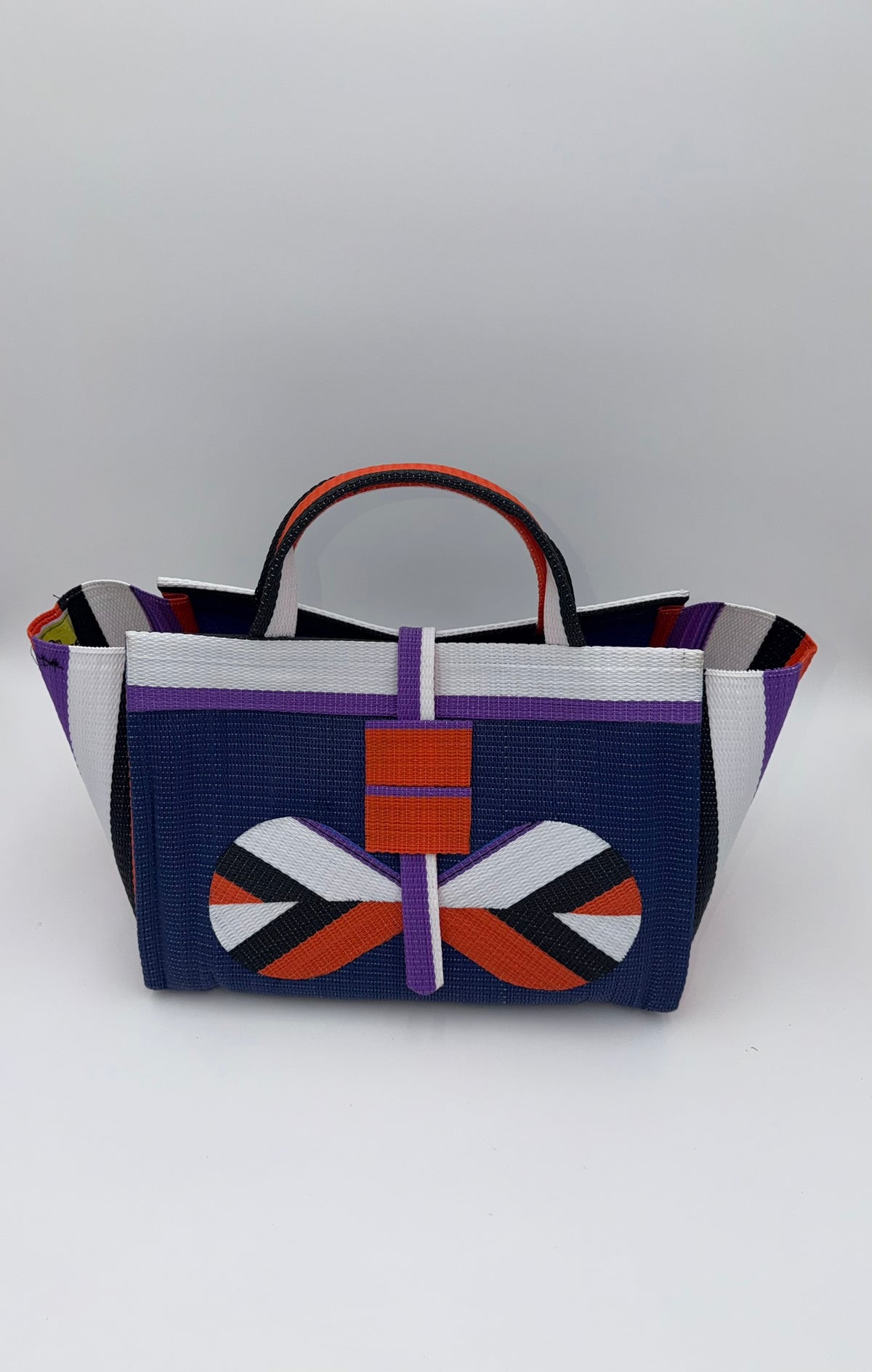 Berry Large handwoven tote bag by SCRUBIES in Blue,White,Orange,Black with Solid design and Bow accent pattern