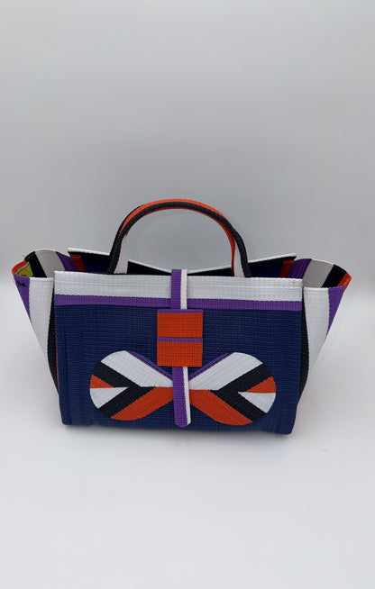 Berry Large handwoven tote bag by SCRUBIES in Blue,White,Orange,Black with Solid design and Bow accent pattern
