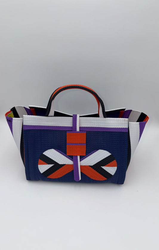 Berry Large handwoven tote bag by SCRUBIES in Blue,White,Orange,Black with Solid design and Bow accent pattern
