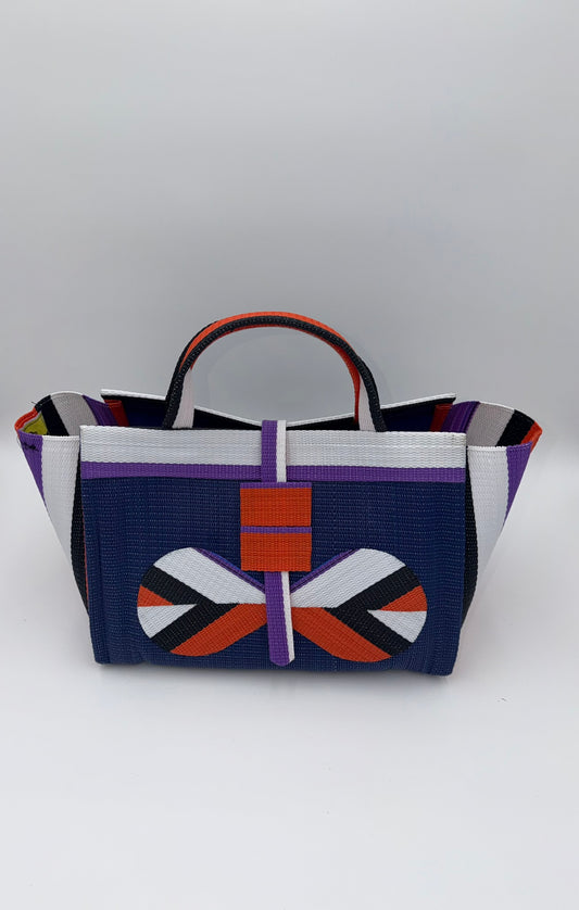 Berry Large handwoven tote bag by SCRUBIES in Blue,White,Orange,Black with Solid design and Bow accent pattern